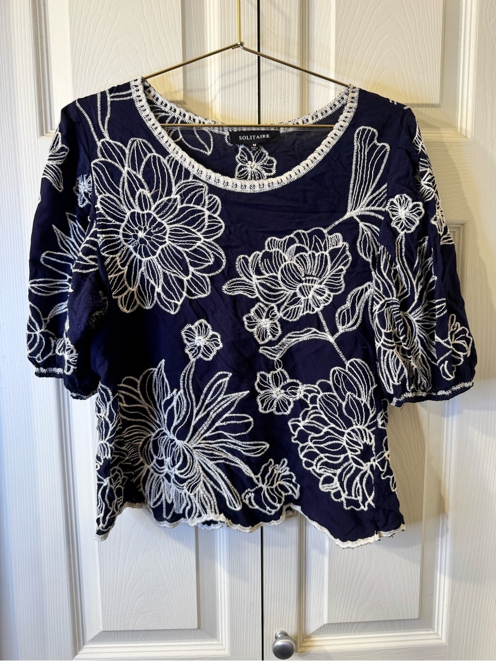 Solitaire Navy Blue Top with White Floral Embroidery